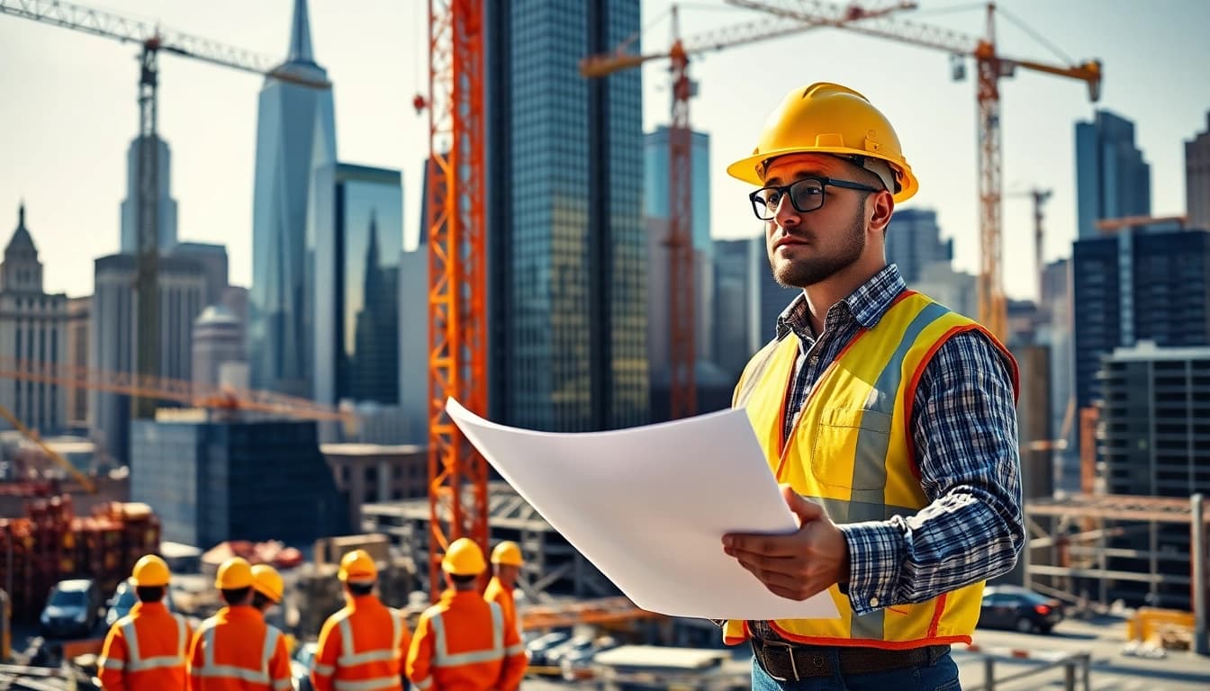 Engaged New York City Commercial General Contractor reviewing plans at an active construction site.