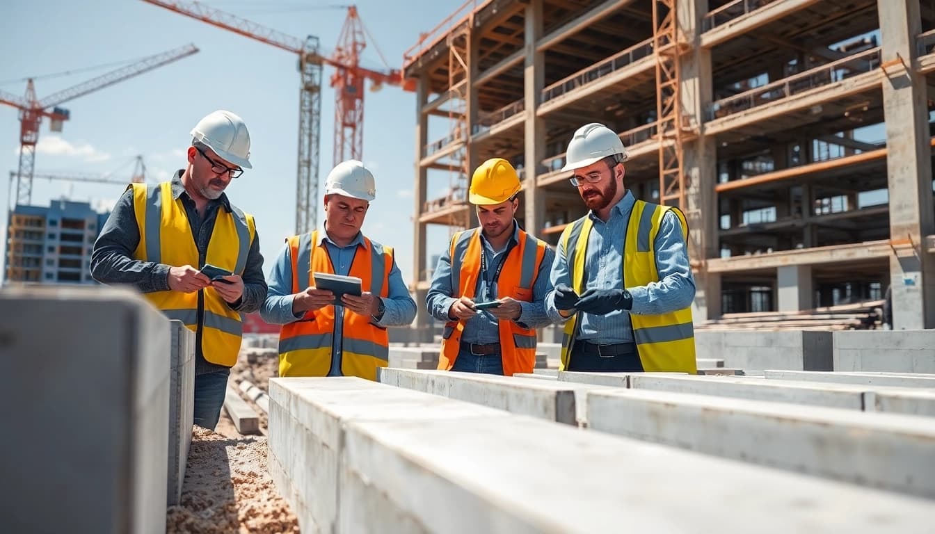 Engineers conducting construction assessment testing at a busy site, focusing on material integrity.