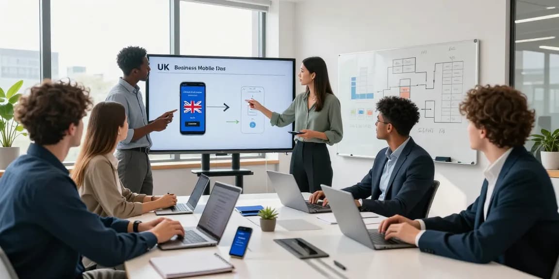 Team discussing business mobile deals UK in a bright office environment with digital displays.