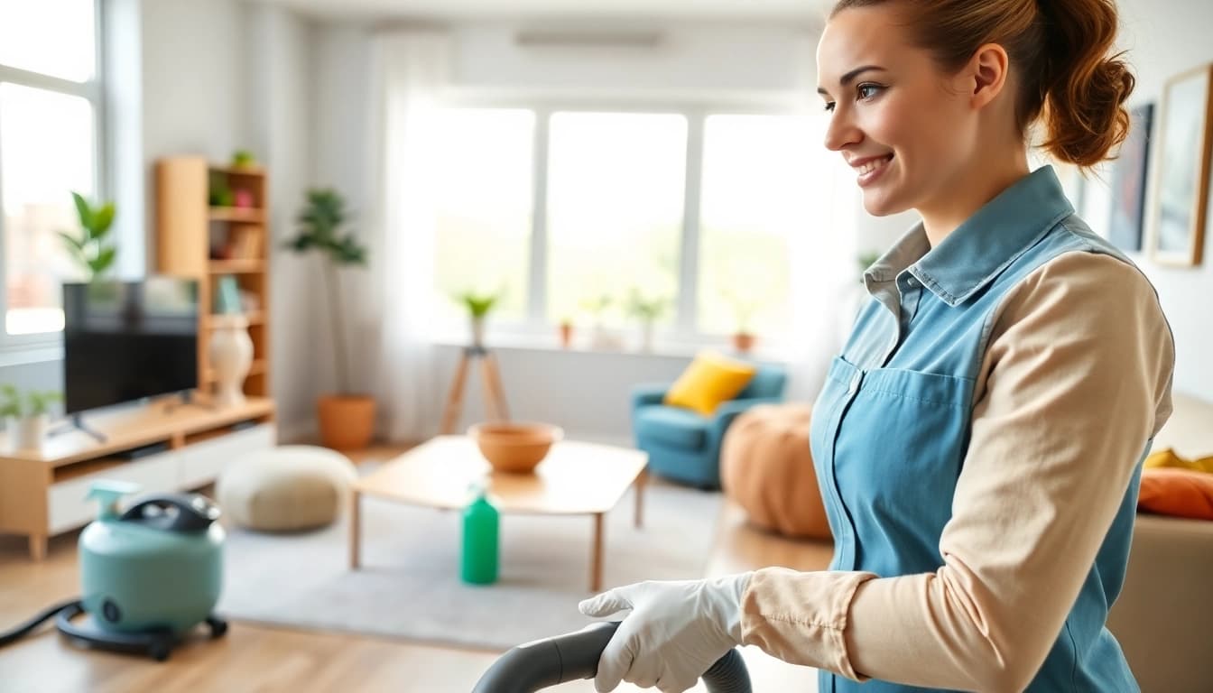 Cleaning Service professional efficiently cleaning a modern living room with natural light.