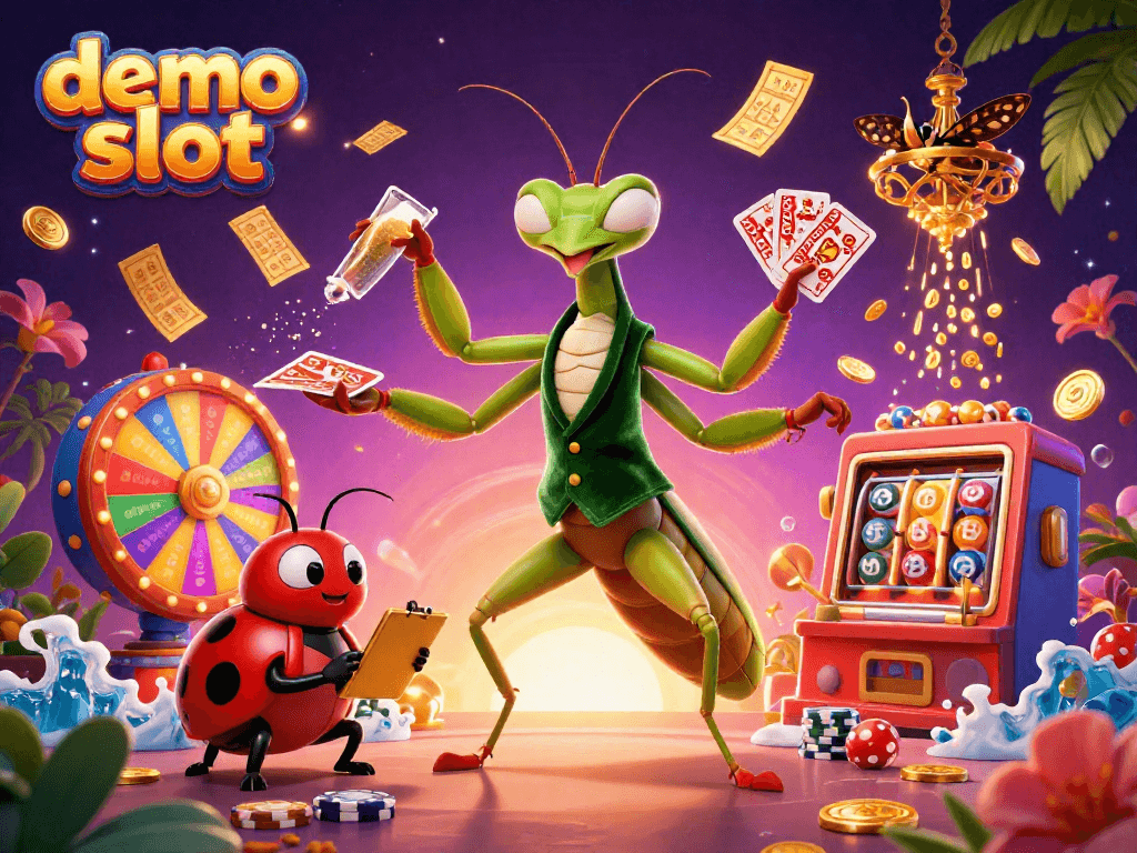 Demo slot menampilkan raja kartu berdoa dan pengawal pit boss di kasino online yang berwarna-warni.