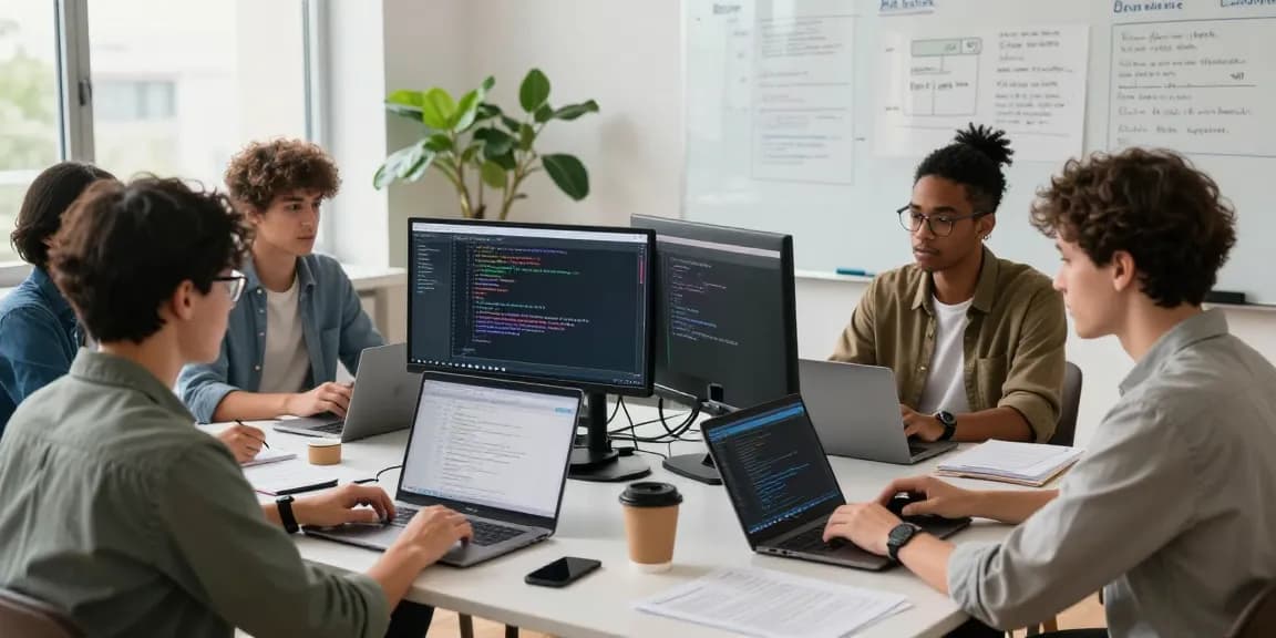 Collaborative tech workspace showing telegram中文版 interface on monitors with a team engaged in strategy.