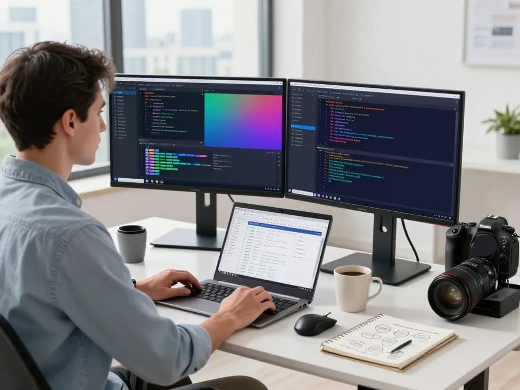 Developer using OpenClaw in a modern workspace with coding tools and collaborative software.
