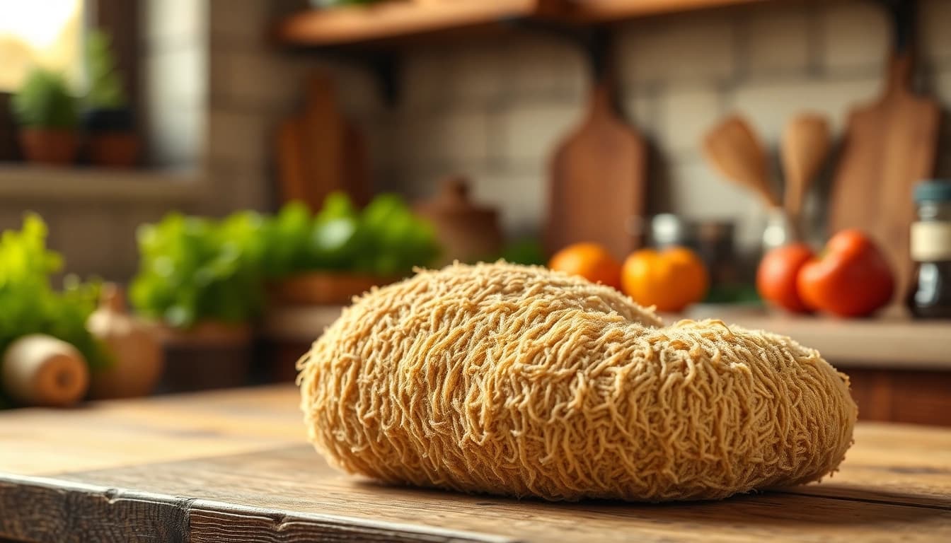 Using a kitchen loofah to cleanse fresh vegetables on a rustic countertop.