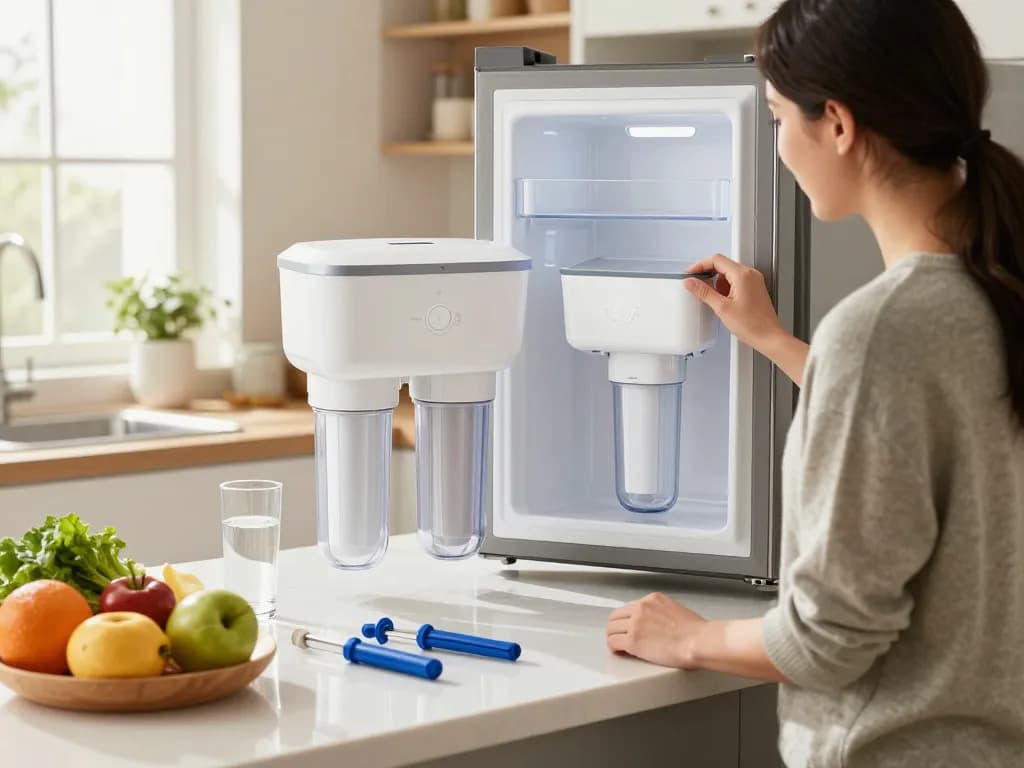 AQUA CREST AQF-FF13 Replacement for GE® SmartWater® MWF® being examined in a bright kitchen with fresh vegetables and a glass of purified water.