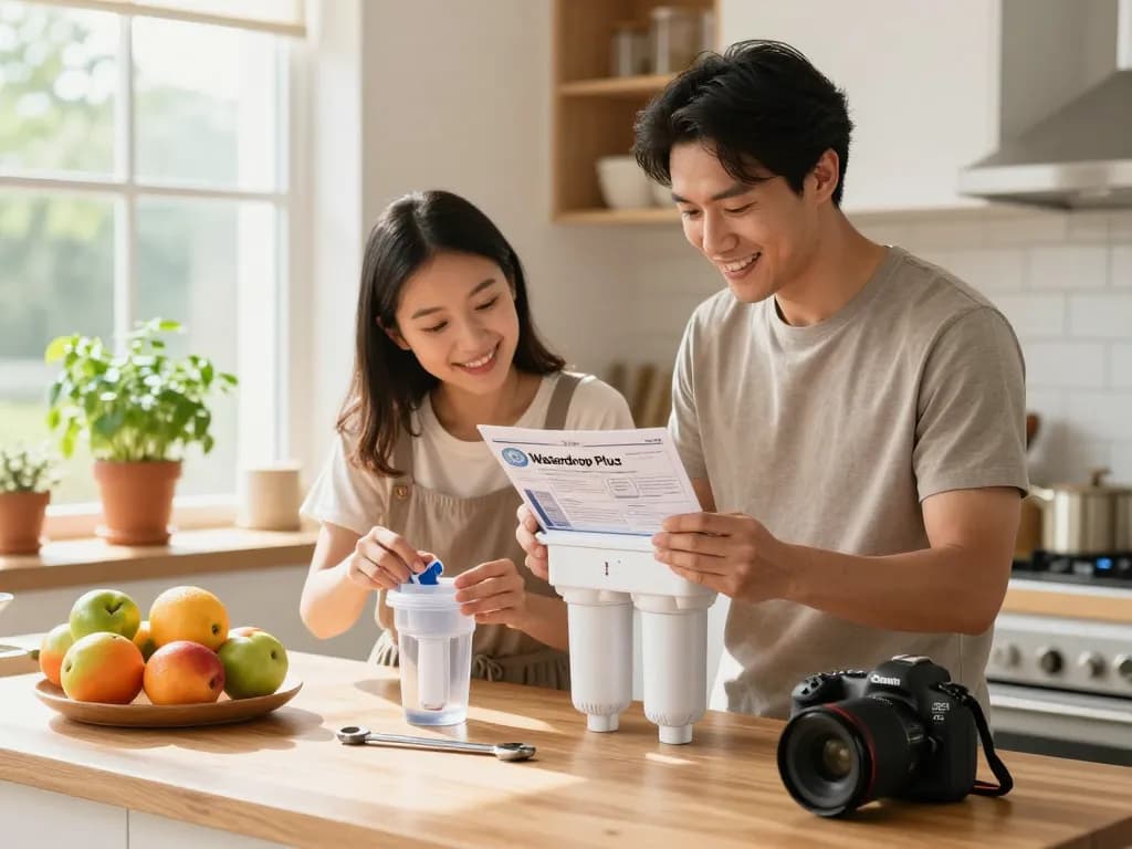 Installing Waterdrop Plus XWF Replacement for GE® XWF filter in a bright kitchen with a family collaborating on the task.