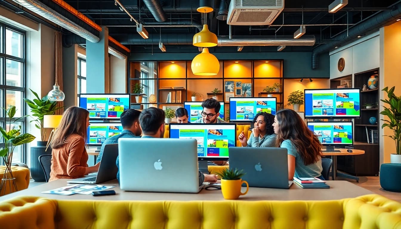 Werbeagentur im kreativen Austausch, Team arbeitet an modernen Webdesigns.
