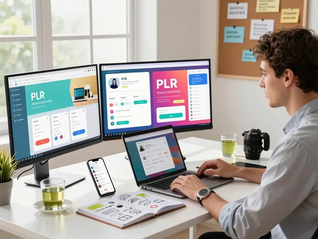 Buy PLR Digital Products in a modern digital marketing workspace with multiple screens and creative tools.