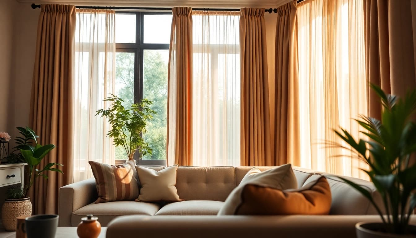 Verduisterende gordijnen creëren een elegante sfeer in de woonkamer met mooie raambekleding.