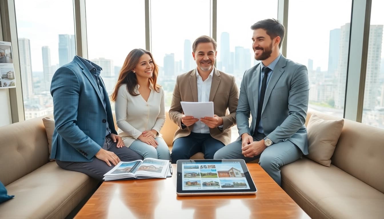 Real Estate agent assists clients in a bright, modern office setting with city views.