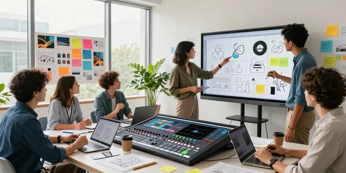 Team collaborating on a creative mixboard, surrounded by design elements and brainstorming tools in a modern workspace.