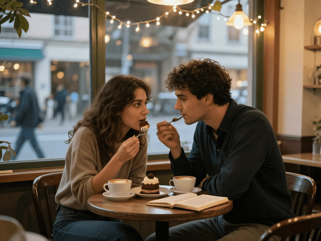 Young couple sharing a sweet moment at a café, crush on love evident in their smiles.