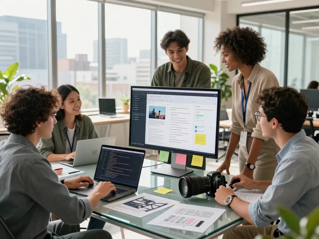 Team brainstorming around a laptop while developing an image to prompt AI tool in a modern workspace.