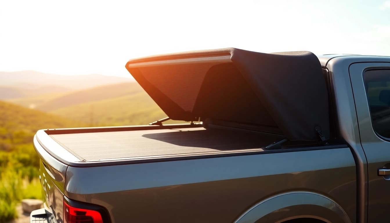 Explore the features of a tonneau cover on a pickup truck against a scenic backdrop
