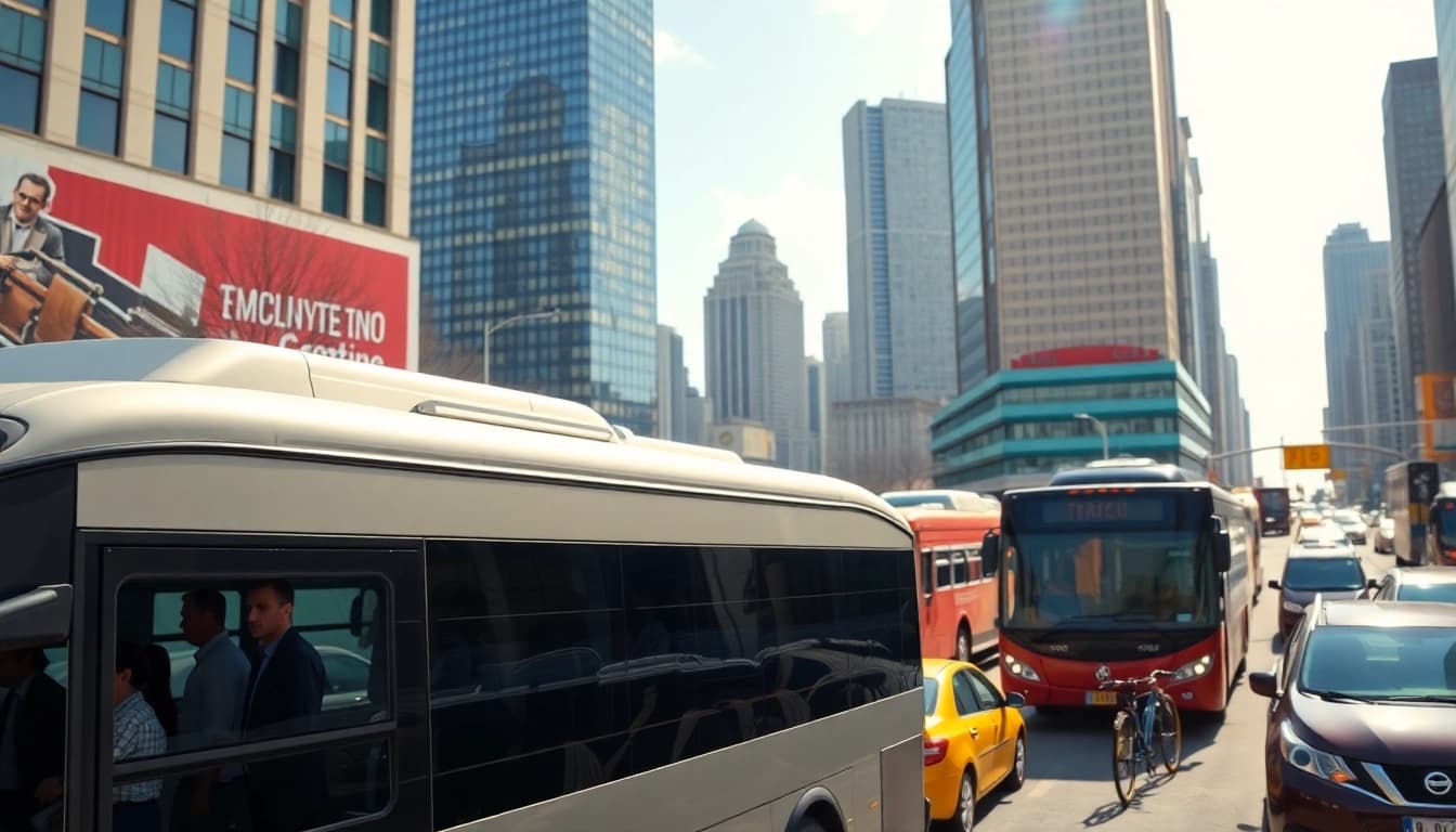Transportation vehicles including buses and taxis servicing a busy urban area.
