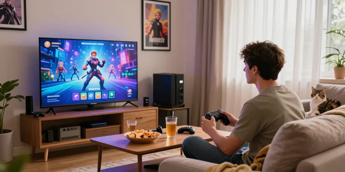 Play free porn games in a cozy living room with a gamer and snacks.