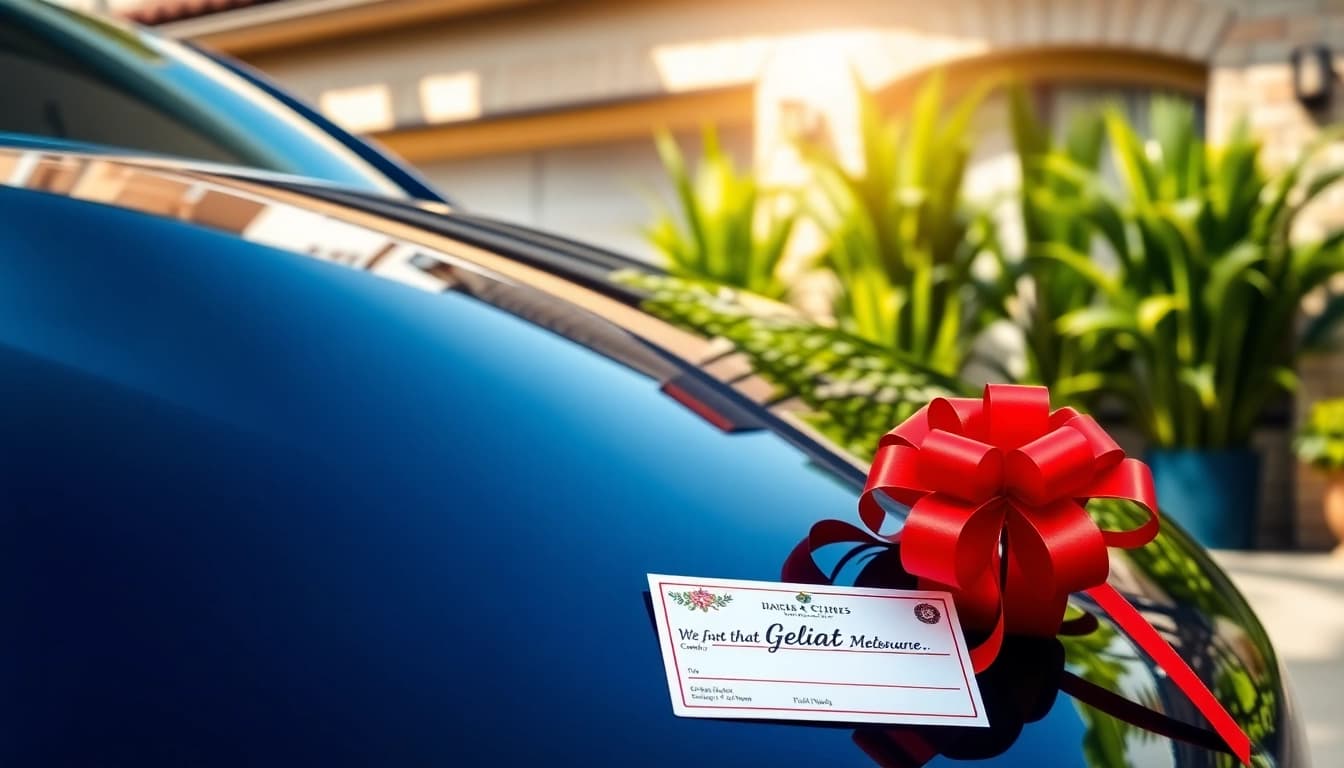 Showcase a car detailing gift certificate with a polished car, inviting atmosphere.