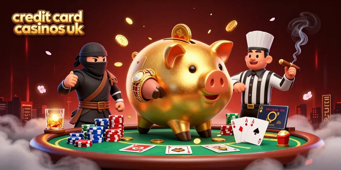 Engaging illustration showcasing credit card casinos uk with dynamic casino action and charming characters.