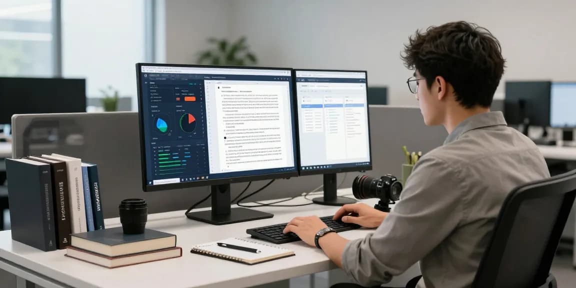 Technician using advanced AI technology to detect fraud in PDF for document verification in a modern workspace.