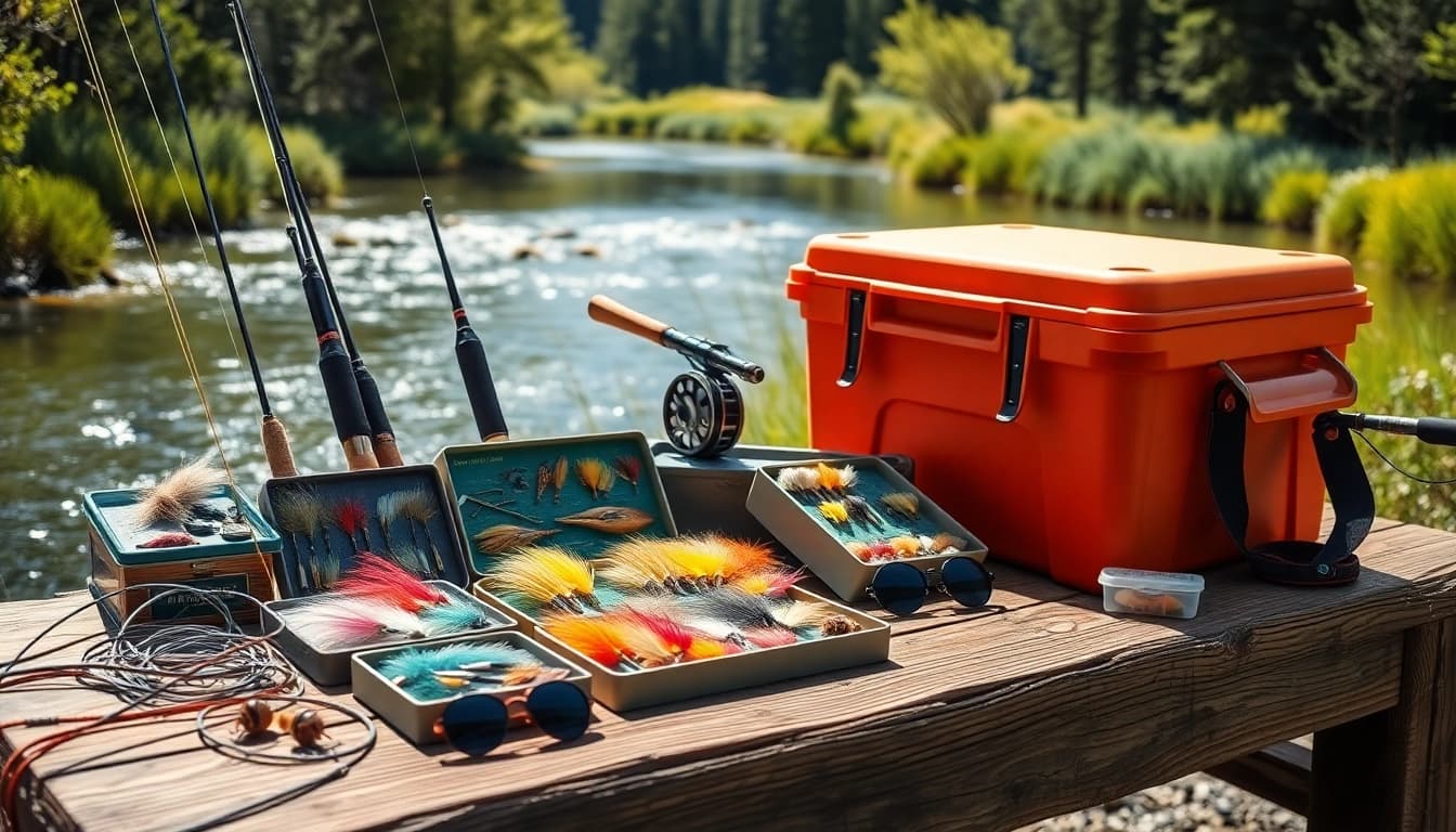 Fly fishing accessories arranged elegantly on a wooden table with a river backdrop.
