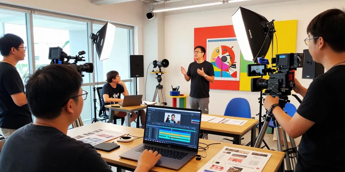 Creative team at Dreambox Studio Singapore collaborating on a video production project with professional equipment.