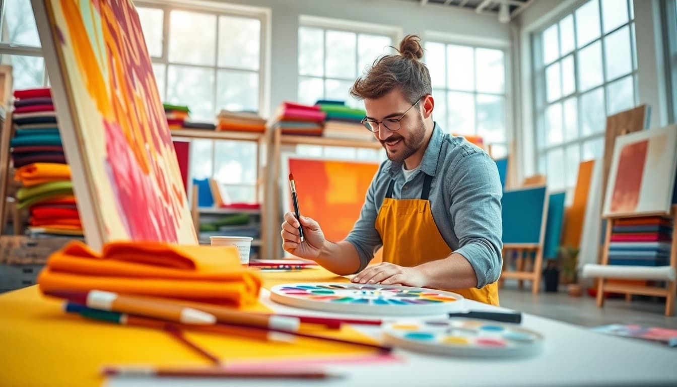 Canvas materialen worden creatief bewerkt door een kunstenaar in een lichte studio.