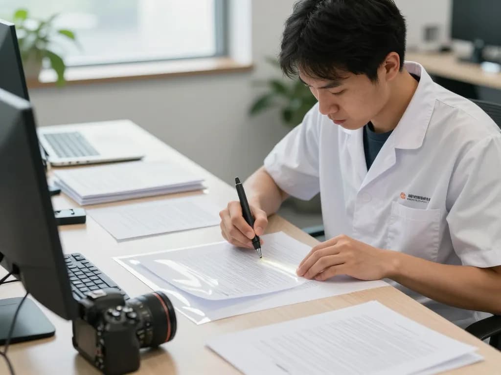 Bóc ép plastic removal process in a professional workspace with a technician handling documents.