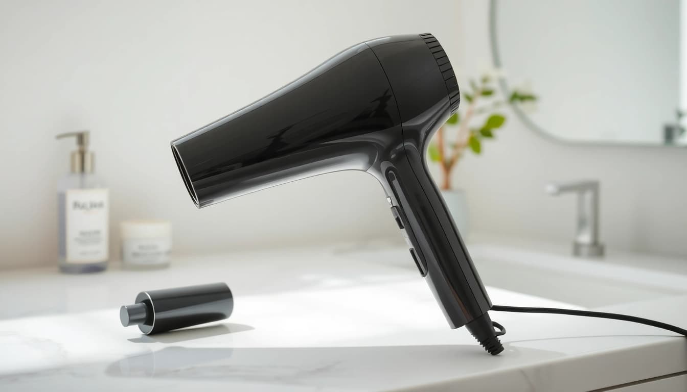 Showcasing a hair dryer for fine hair on a stylish vanity table.