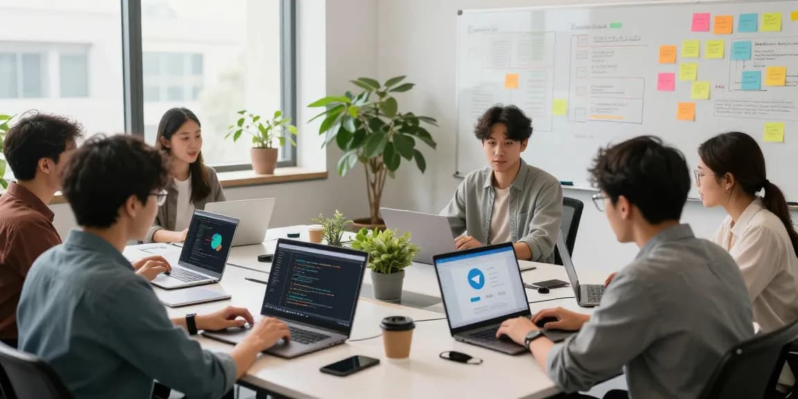 Developers collaborating on 纸飞机中文版 in a modern tech workspace.