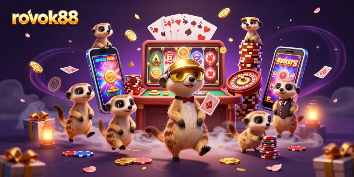 Experience the excitement of rokok88 with a vibrant casino scene featuring meerkats engaging in gaming activities.