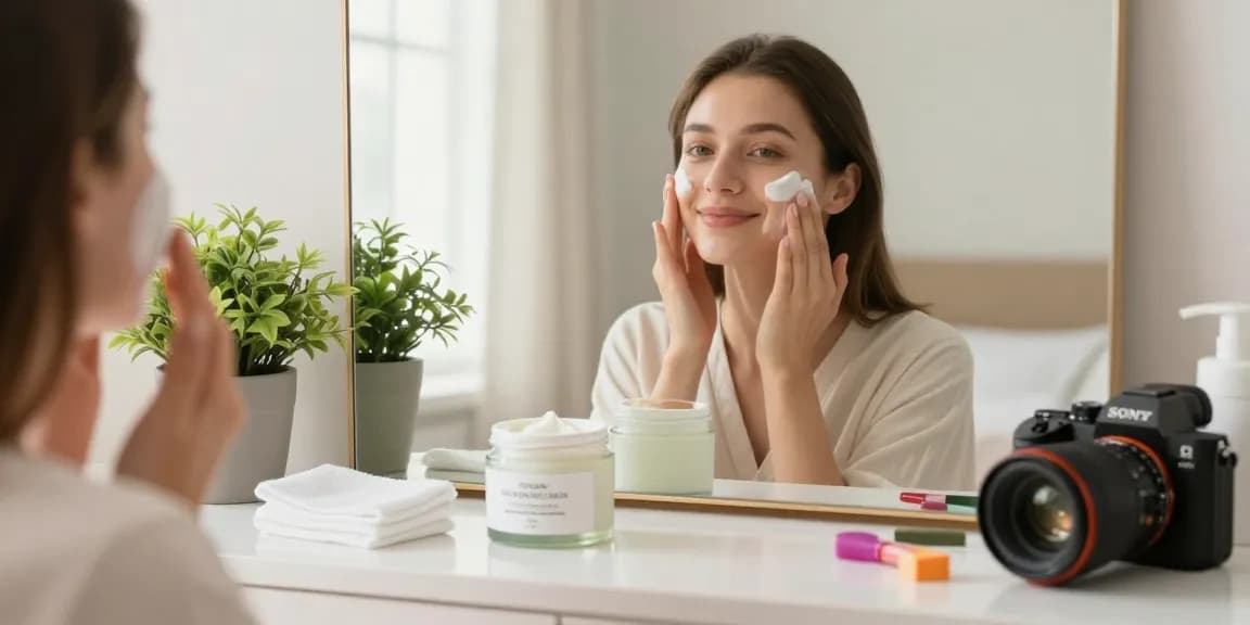 Aplicarea cremei hidratante pentru față într-o baie luminoasă cu produse de frumusețe și lumină naturală.