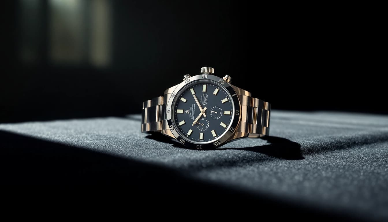 Showcase the elegance of a rolex replica with intricate details and dramatic lighting.