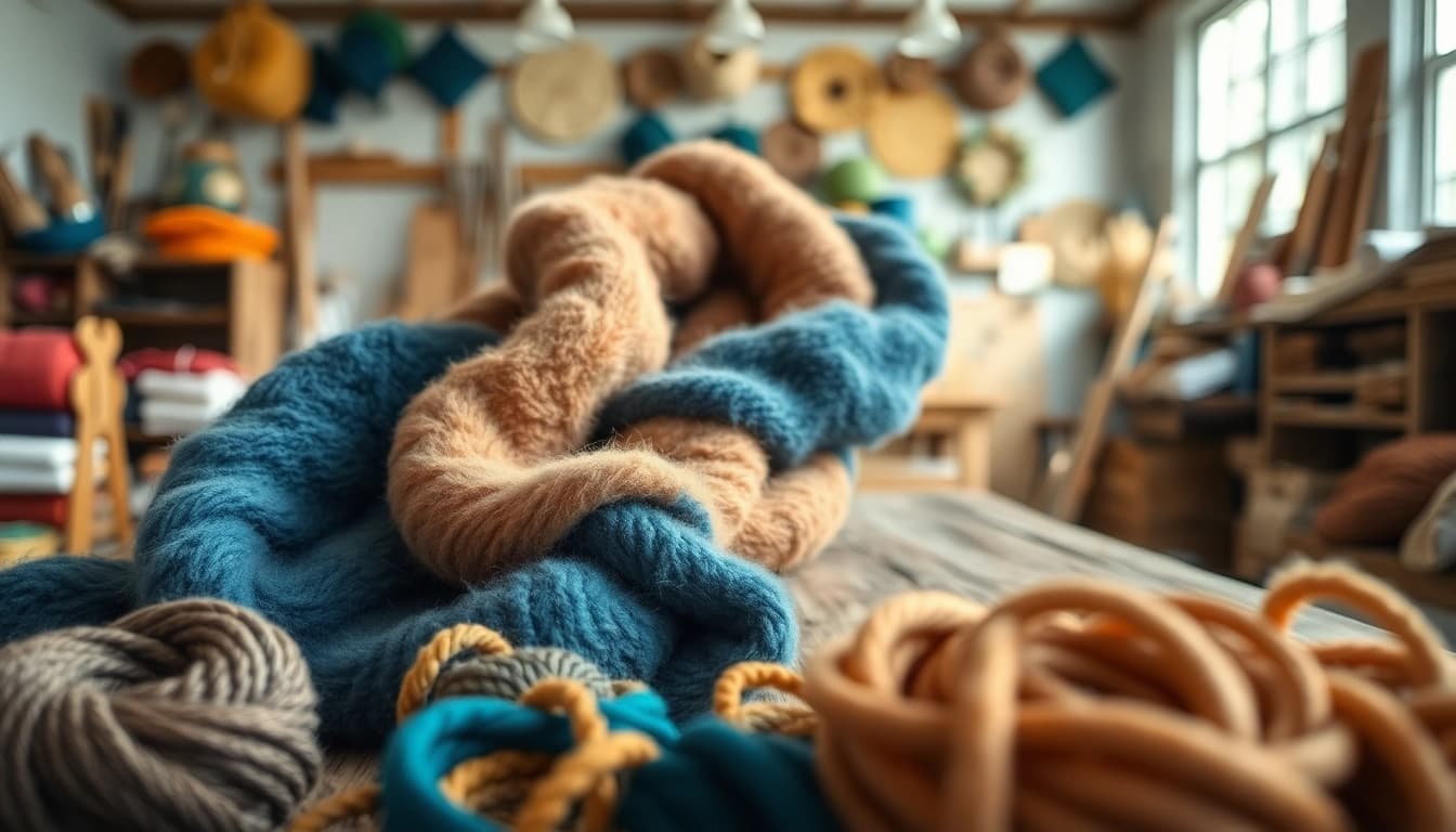 Fleece textuur en kleurrijke garens maken een warm ambiance in de studio.