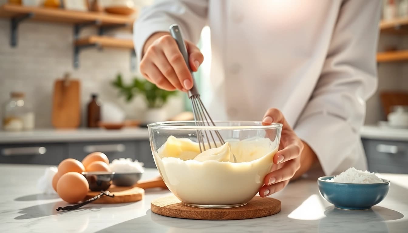 Maak een heerlijke mousseline crème met een luxueuze textuur in een moderne keuken.