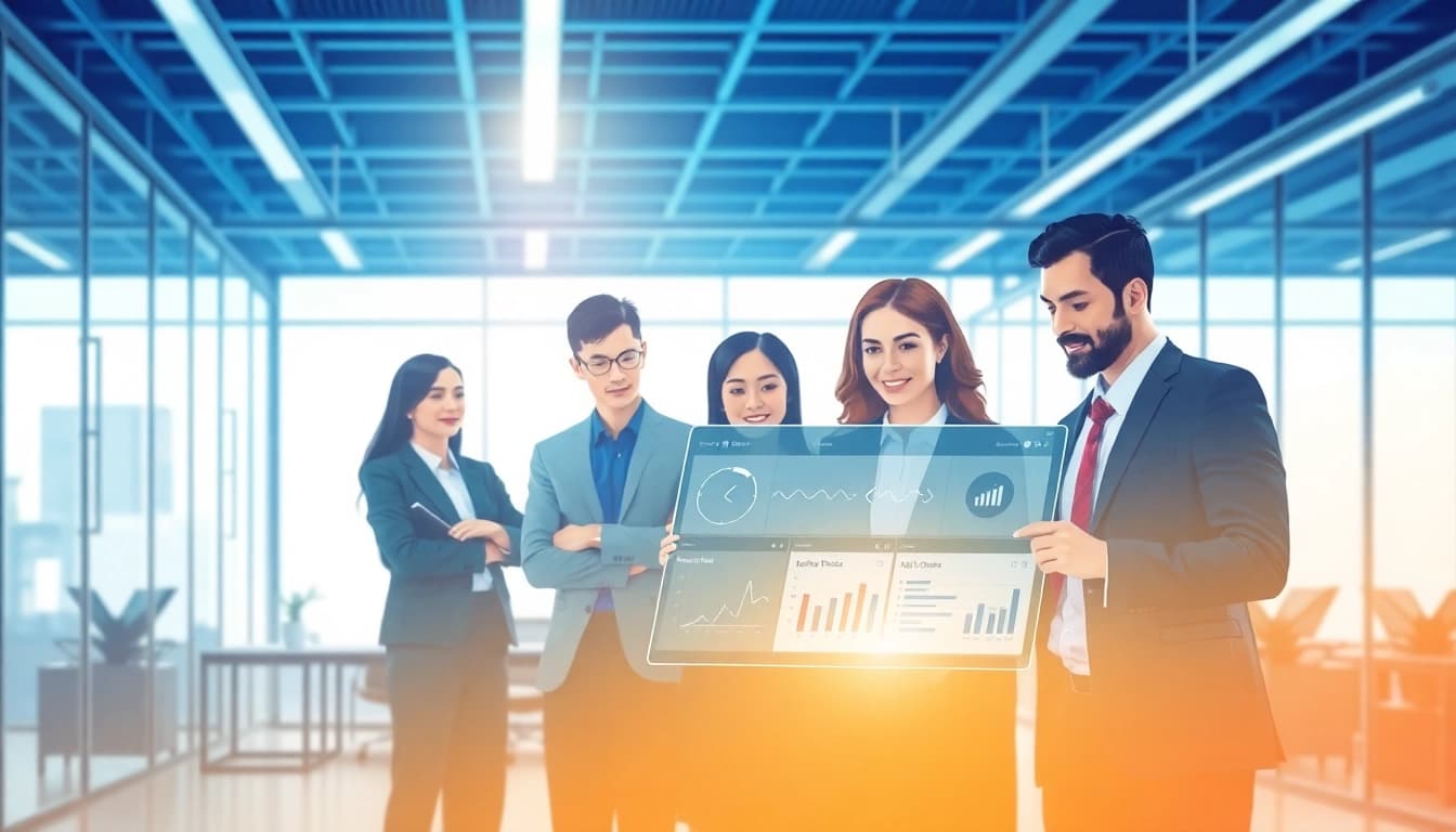 Showcase enterprise assistant saas with a diverse team collaborating in a modern workspace.