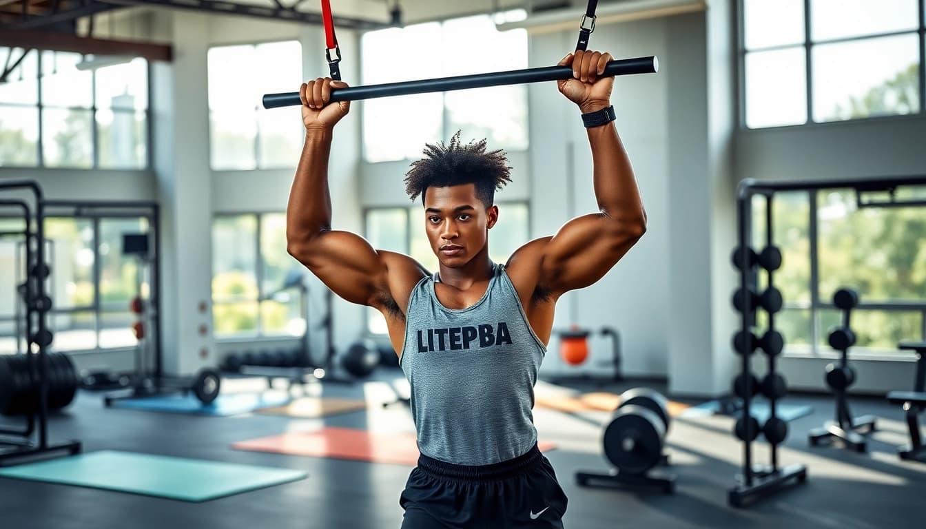 Dynamic image of stretch bands for pull-ups being used by an athlete in a gym setting.