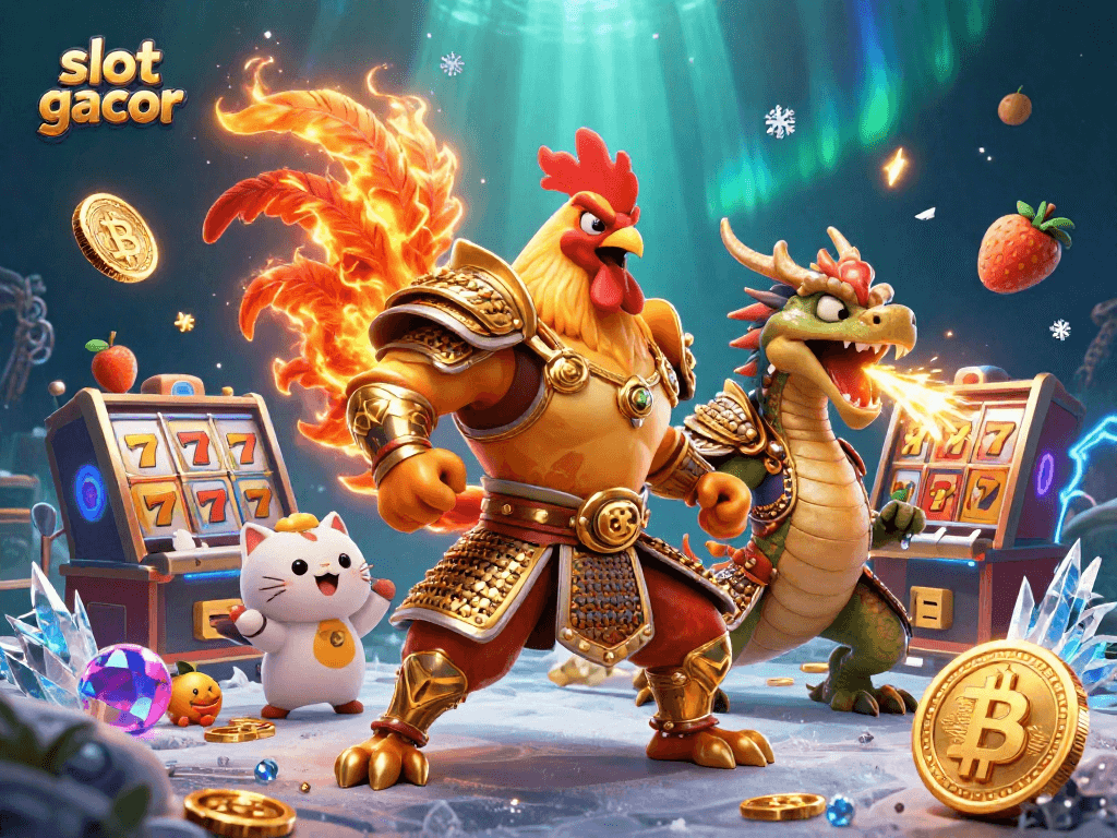 Slot gacor menarik dengan simbol permainan dan karakter berwarna cerah.