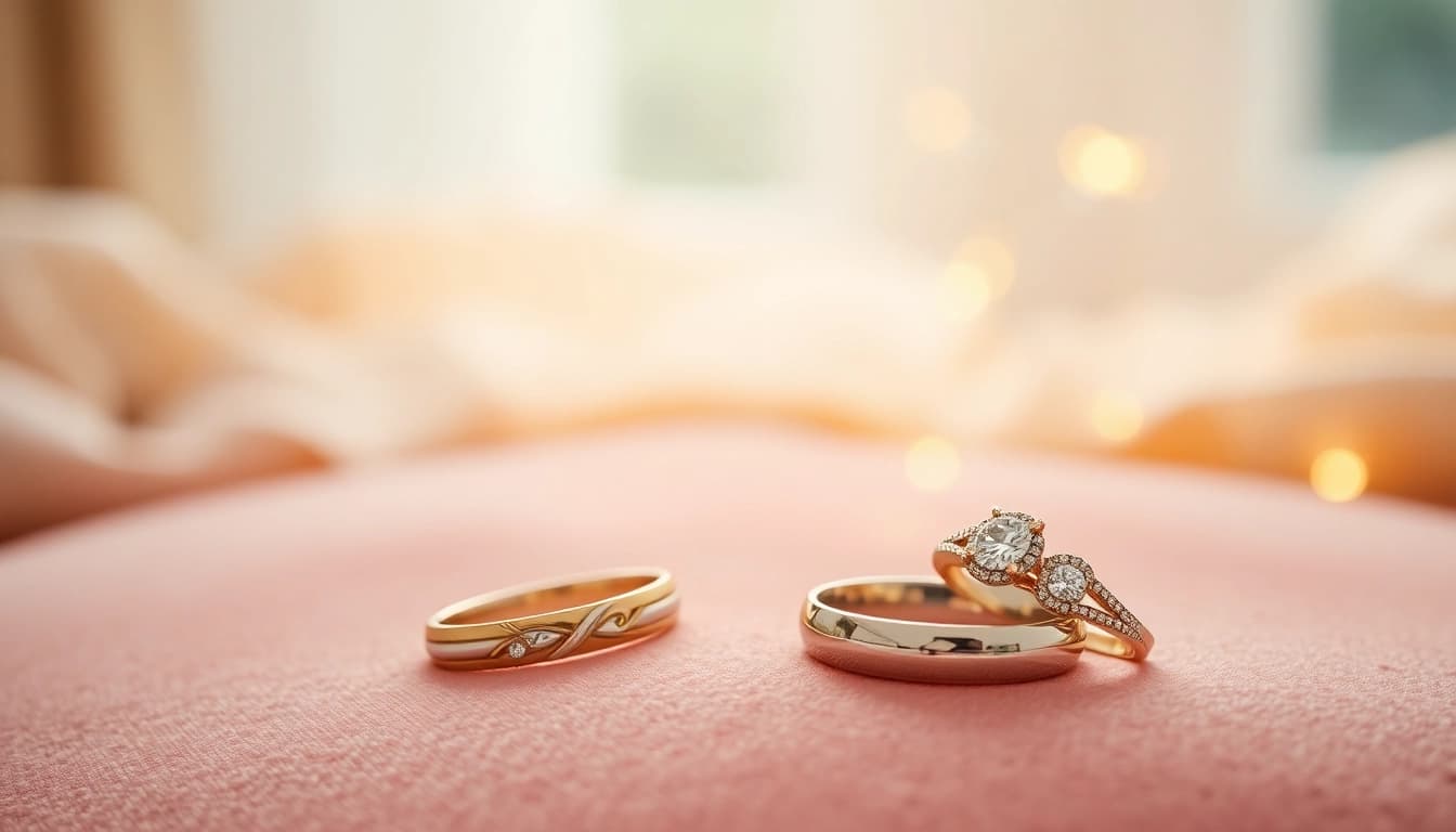 Showcasing exquisite wedding bands with intricate designs and sparkling gems on a velvet surface.