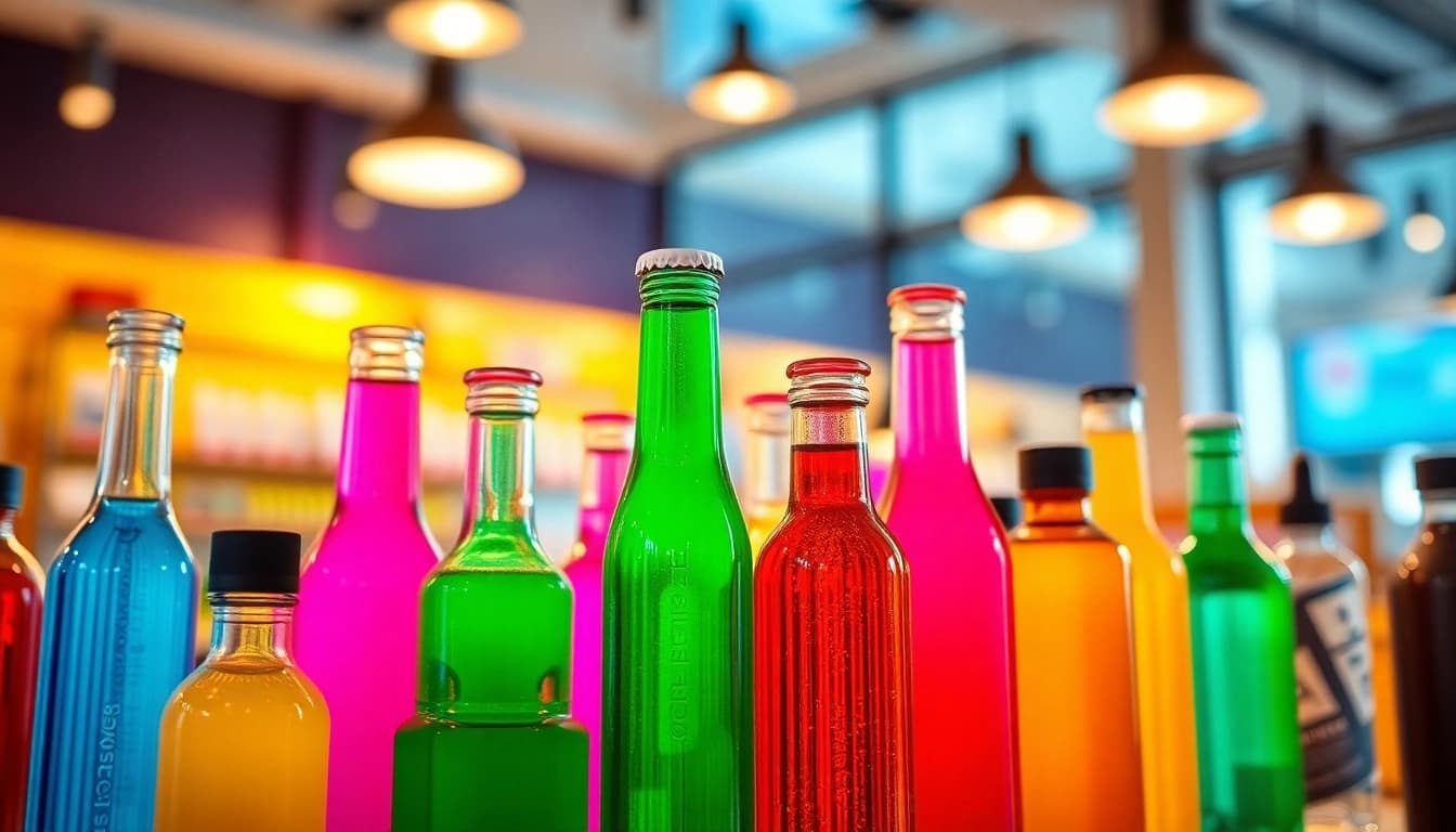Vibrant display of assorted vape juice flavors in colorful bottles.