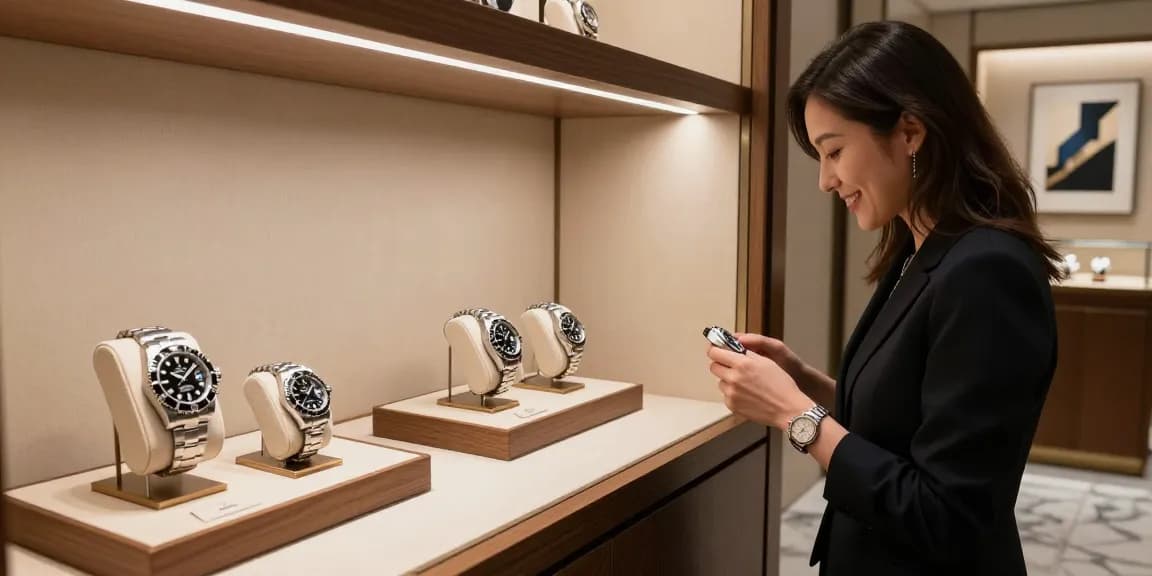 Showcase of exquisite rolex replica watches in a luxury showroom, emphasizing quality and elegance.