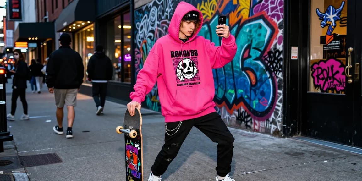 Stylish streetwear scene with kw rokok88 slot login fashion inspired by Machine Gun Kelly