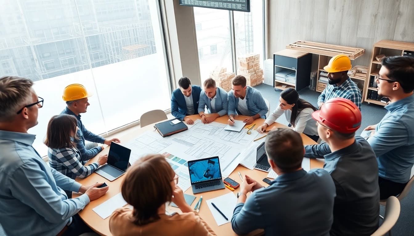 Engaged professionals in a construction association meeting, discussing projects and plans collaboratively.