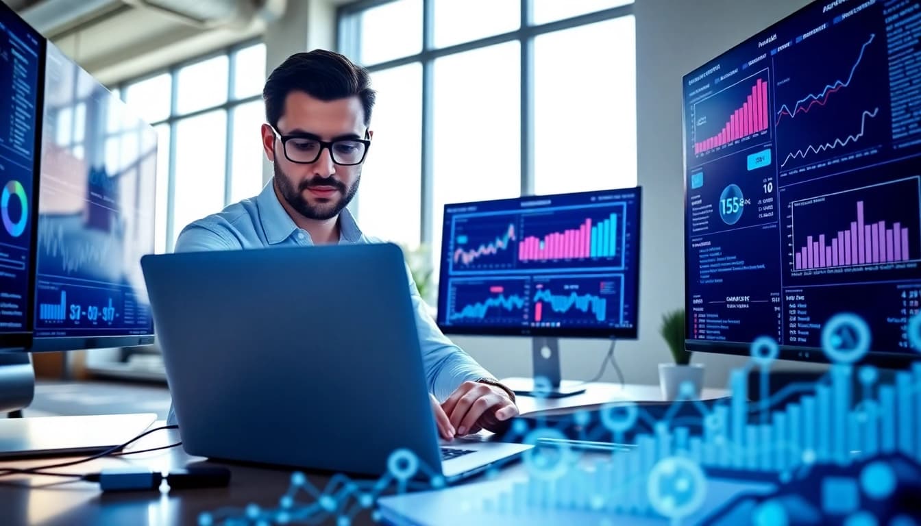 Analyze AI for competitor analysis using advanced digital tools in a modern workspace.