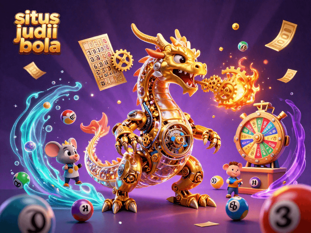Experience the thrill of situs judi bola with vibrant lottery elements and an intricate golden dragon.