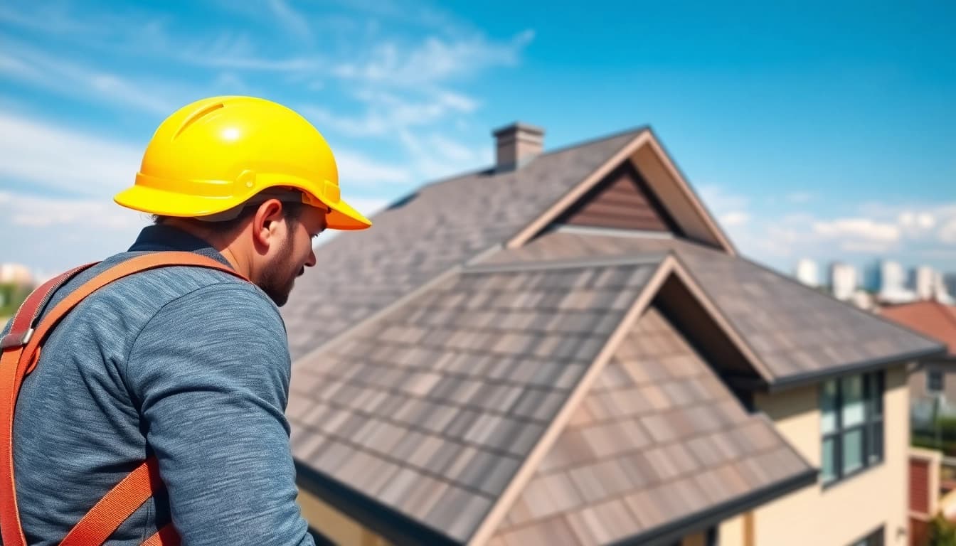 Inspecting asphalt shingles while providing reliable roofing services at a modern home.