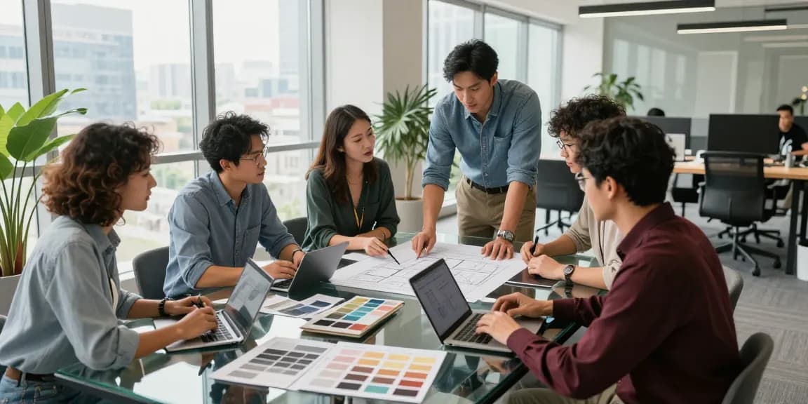 Collaborative office and commercial renovation HK scene with professionals discussing design plans in a modern conference room, showcasing vibrant indoor elements.