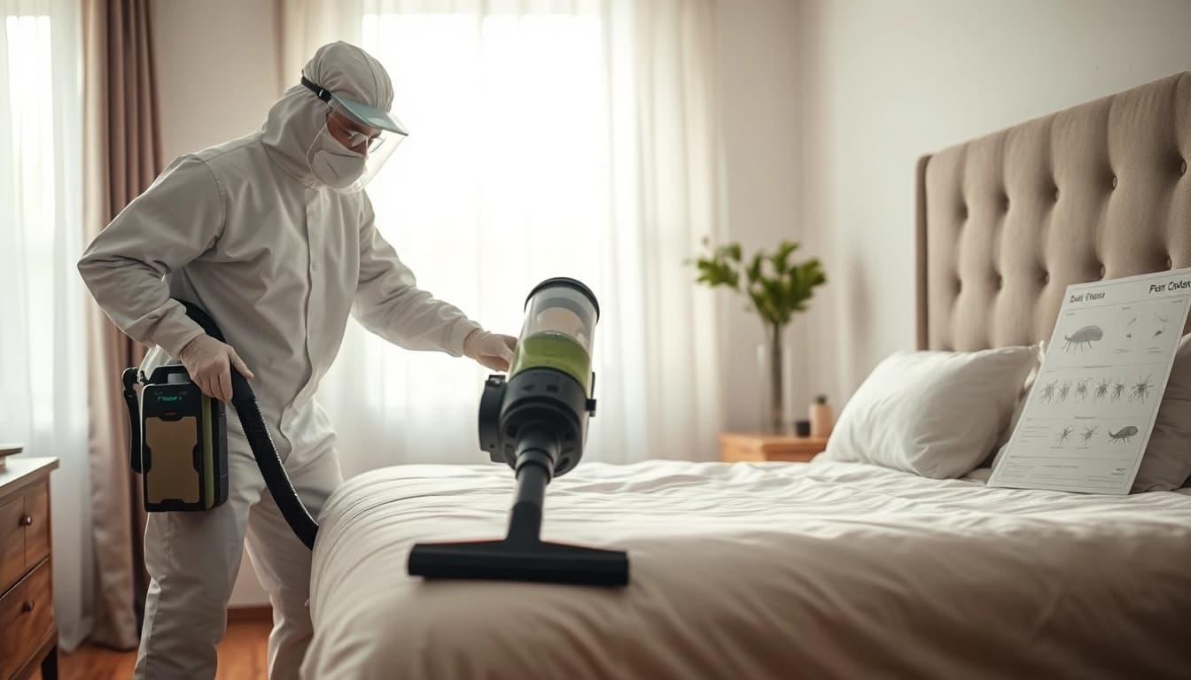 Effective bed bug extermination near me with pest control expert examining a bedroom.