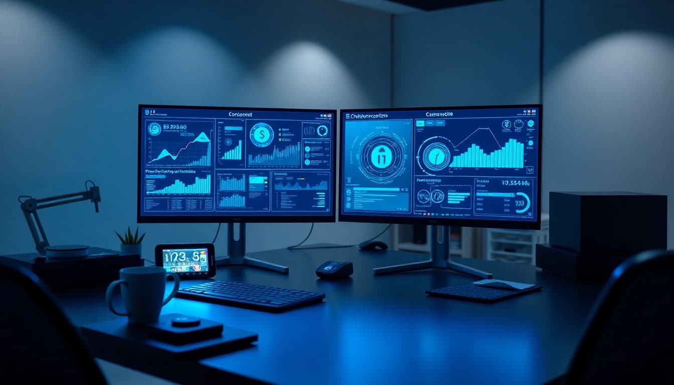 Cybersecurity AI dashboard in a modern tech workspace, highlighting advanced data analytics.