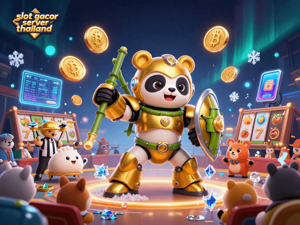 Engage with slot gacor server thailand in a vibrant 3D casino battle scene featuring golden panda and crypto coins.