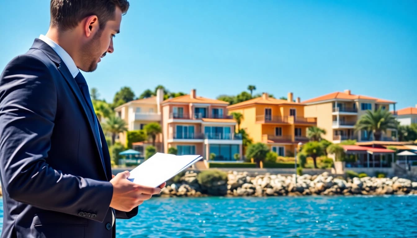 Highlighting Alanya property sale with a real estate agent presenting stunning beachfront villas.